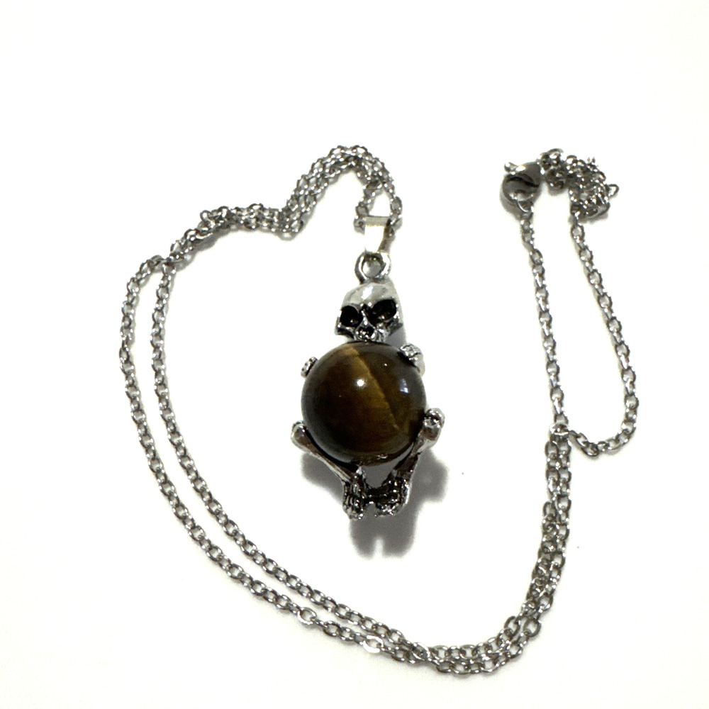 Tigers Eye Necklace Jewelry Skeleton Bling Silver Tone Genuine Stone Sphere